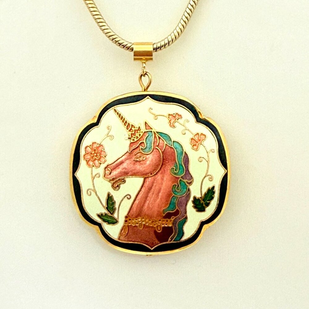 Mystical Unicorn Vintage Enameled Pendant/Necklace w/Gold Tone Snake Chain
